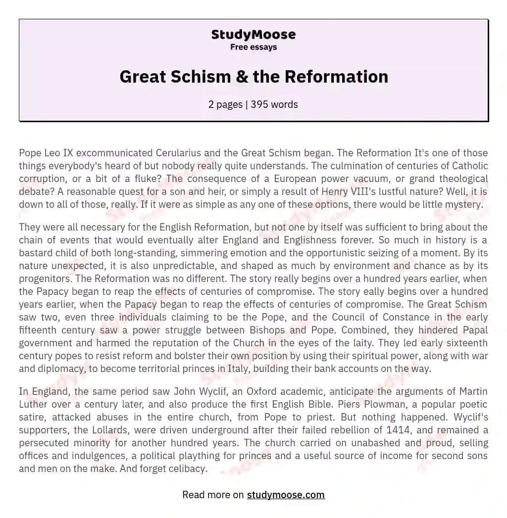 Great Schism &amp; the Reformation essay