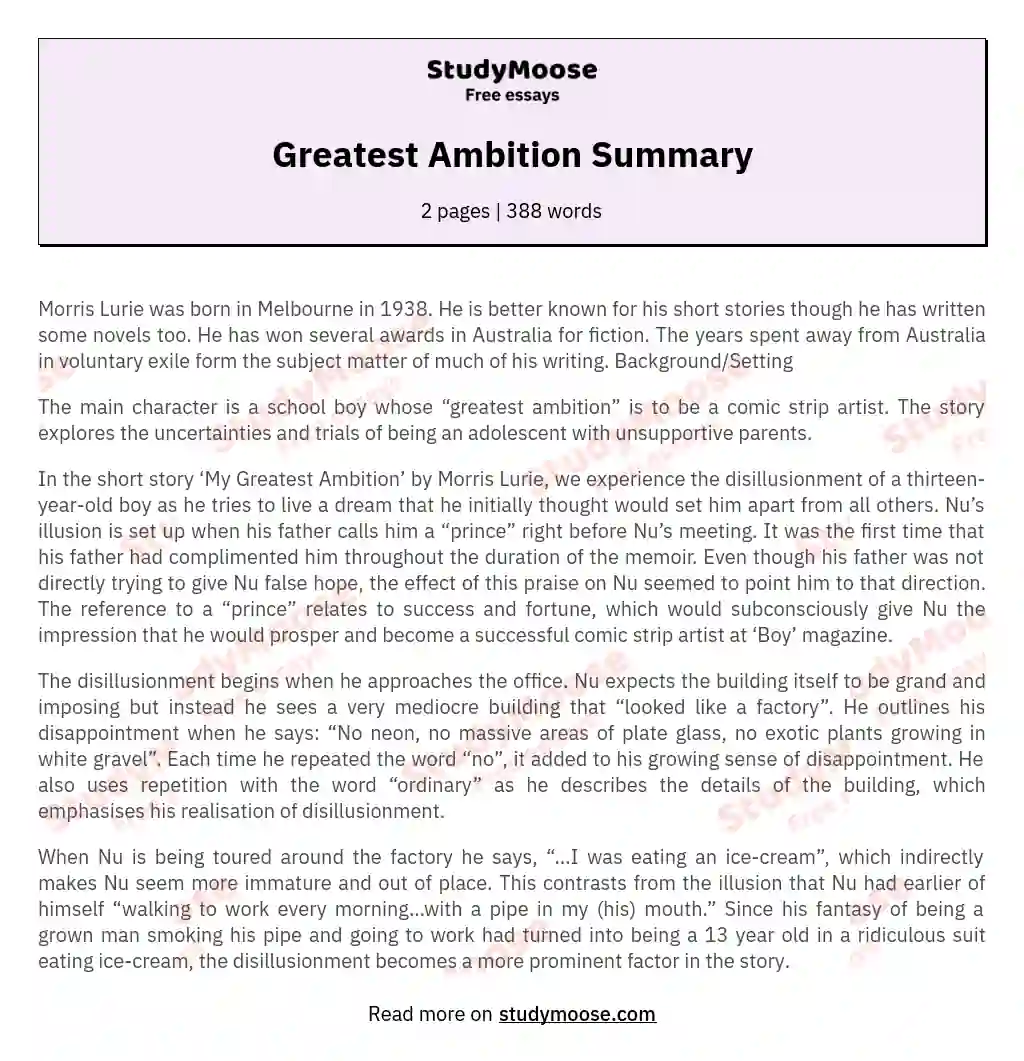 Greatest Ambition Summary essay
