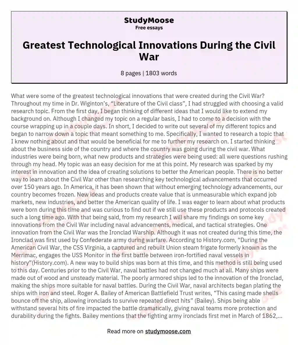 Greatest Technological Innovations During the Civil War essay