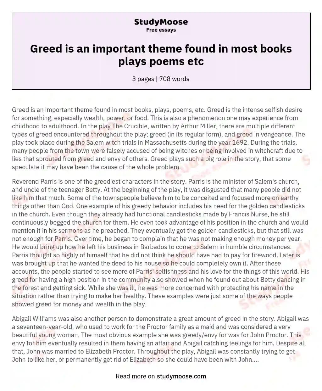 Greed is an important theme found in most books plays poems etc essay