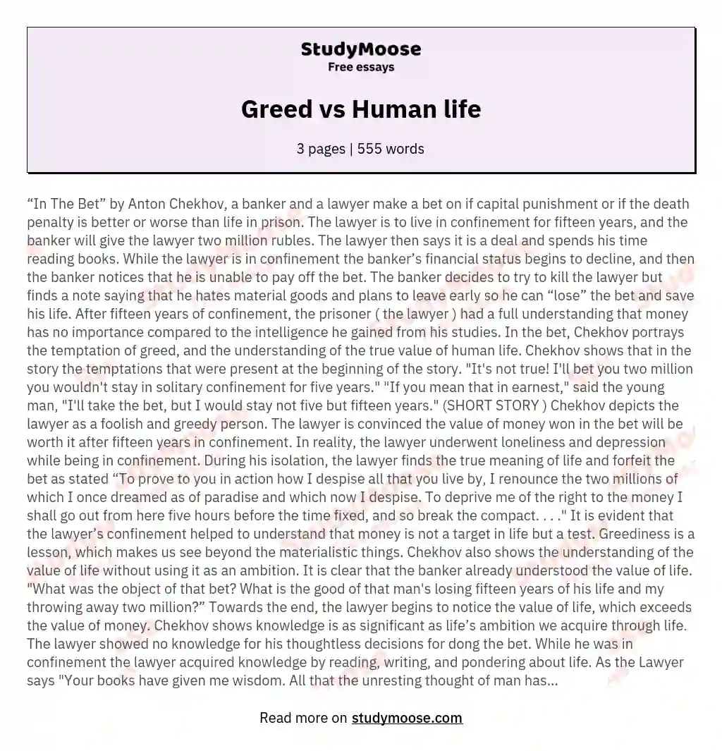 Greed vs Human life essay