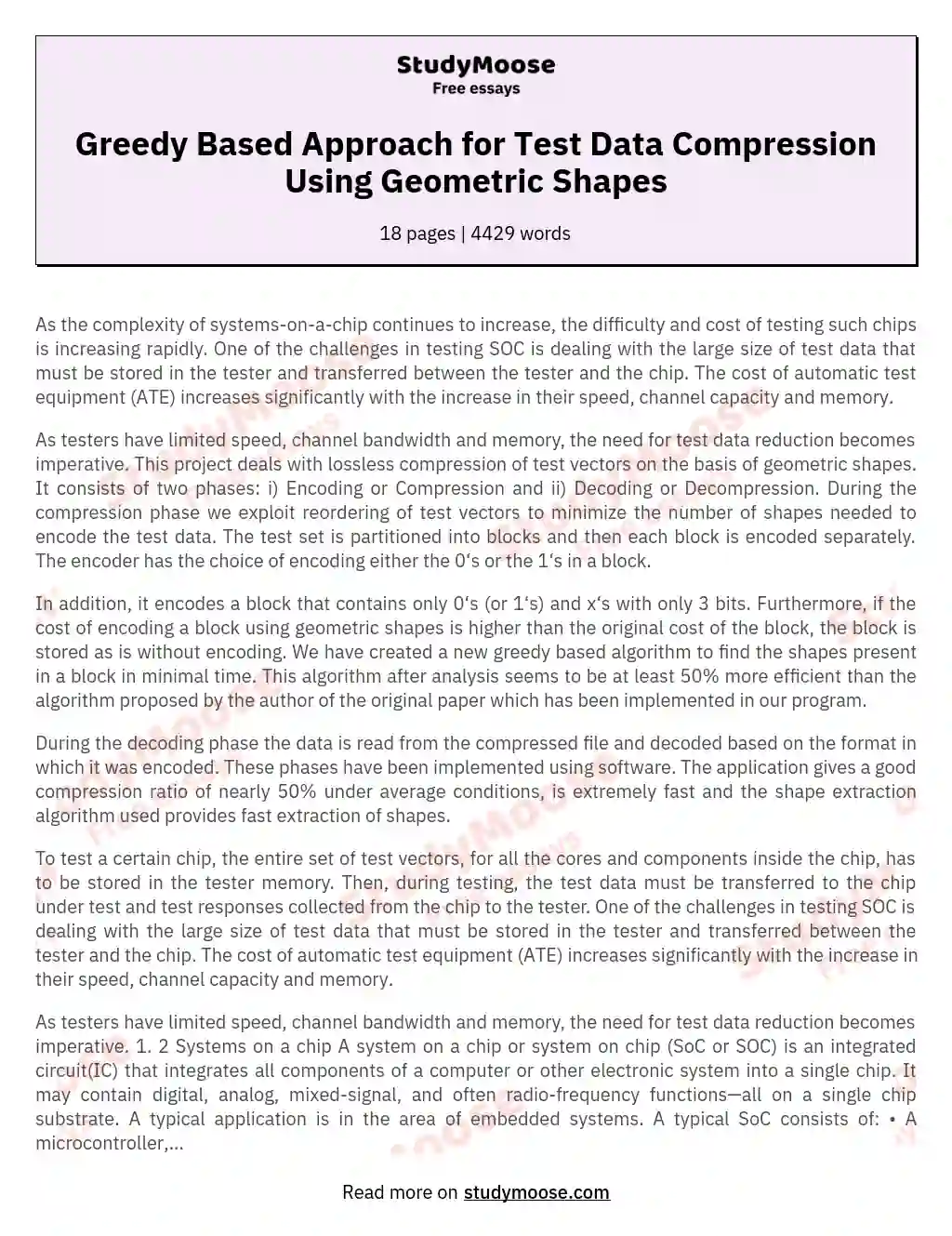 Greedy Based Approach for Test Data Compression Using Geometric Shapes essay