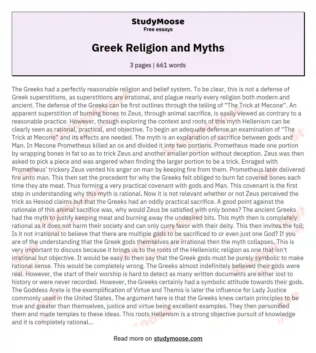 Greek Religion and Myths essay
