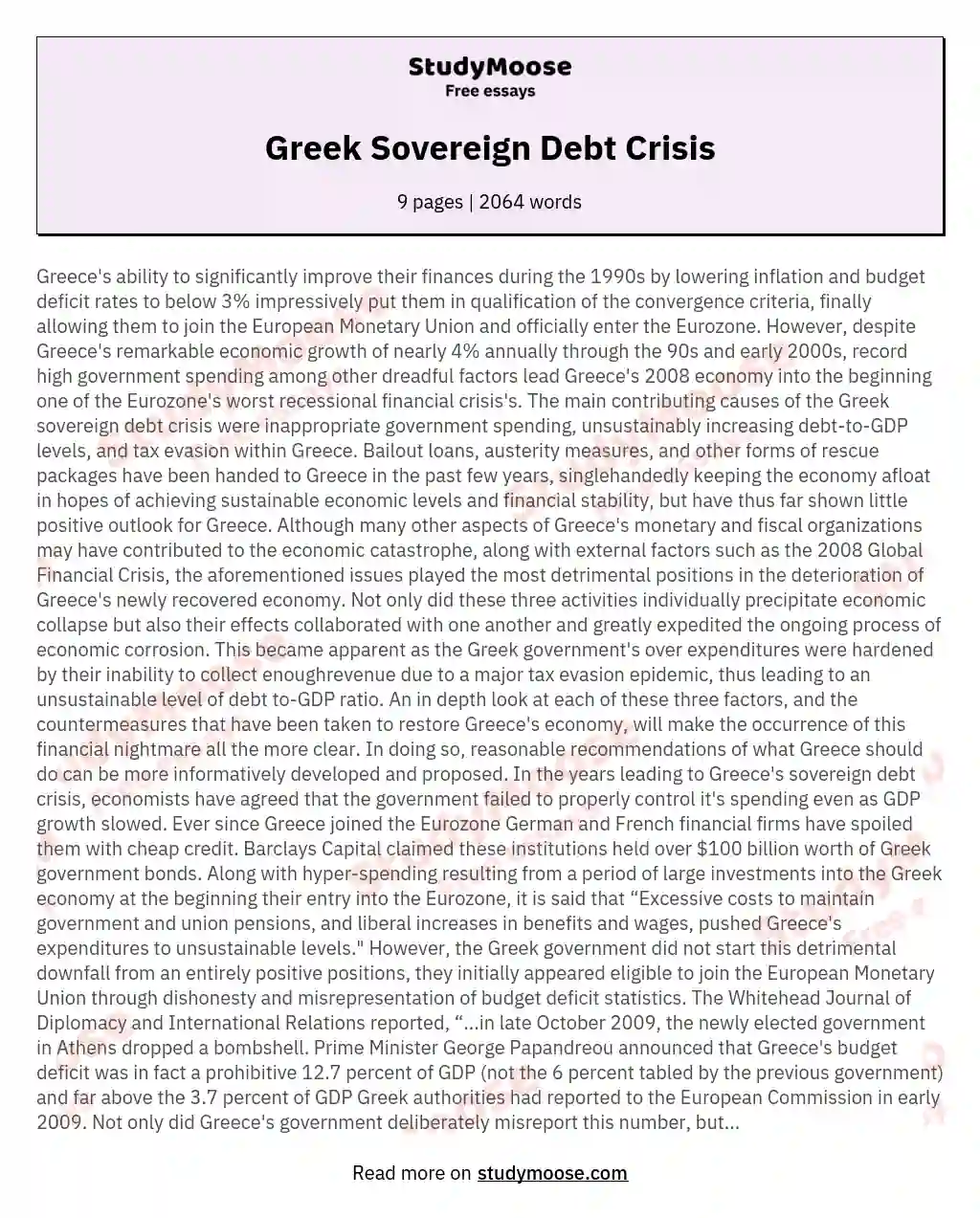 Greek Sovereign Debt Crisis essay