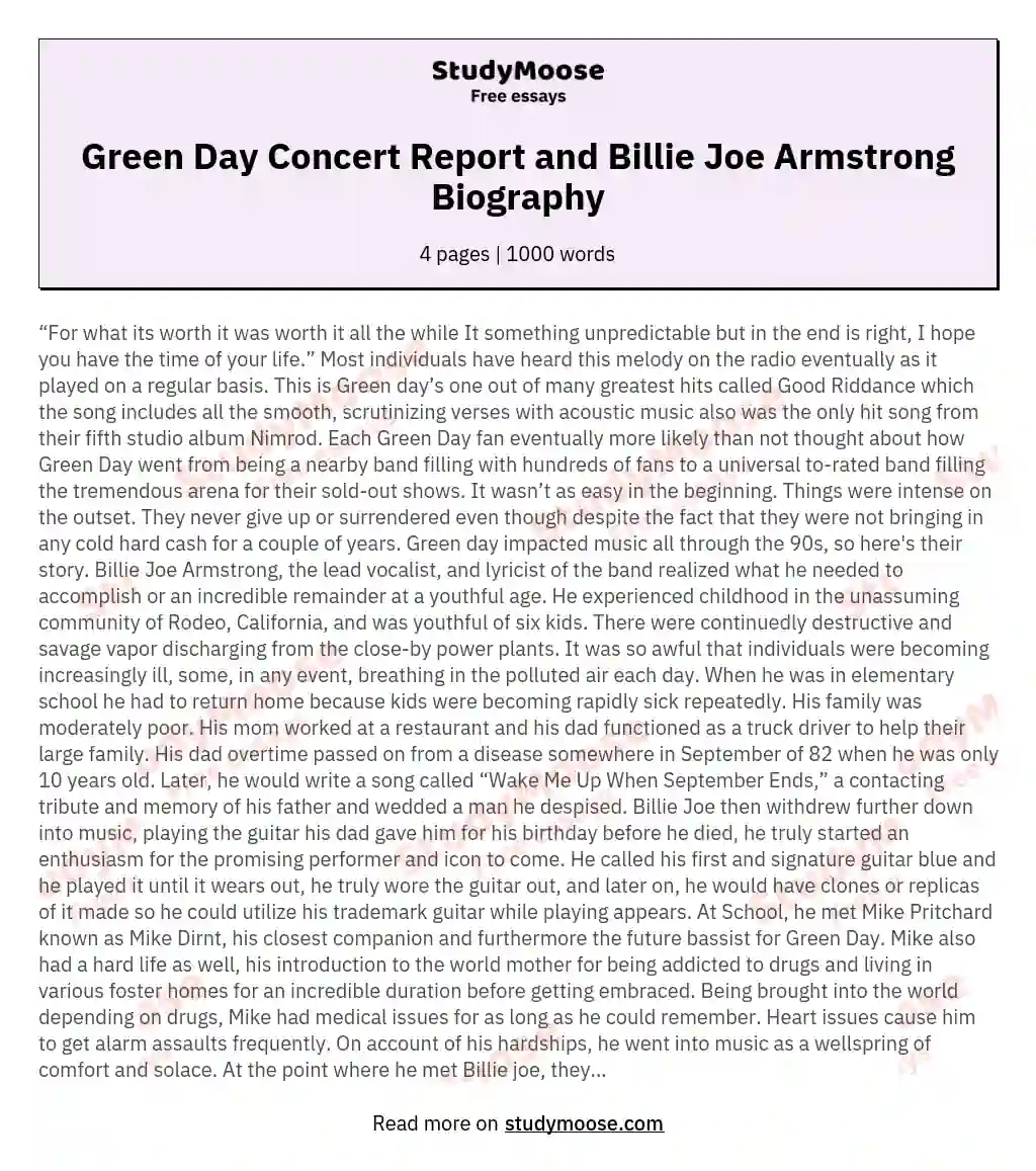 Green Day Concert Report and Billie Joe Armstrong Biography