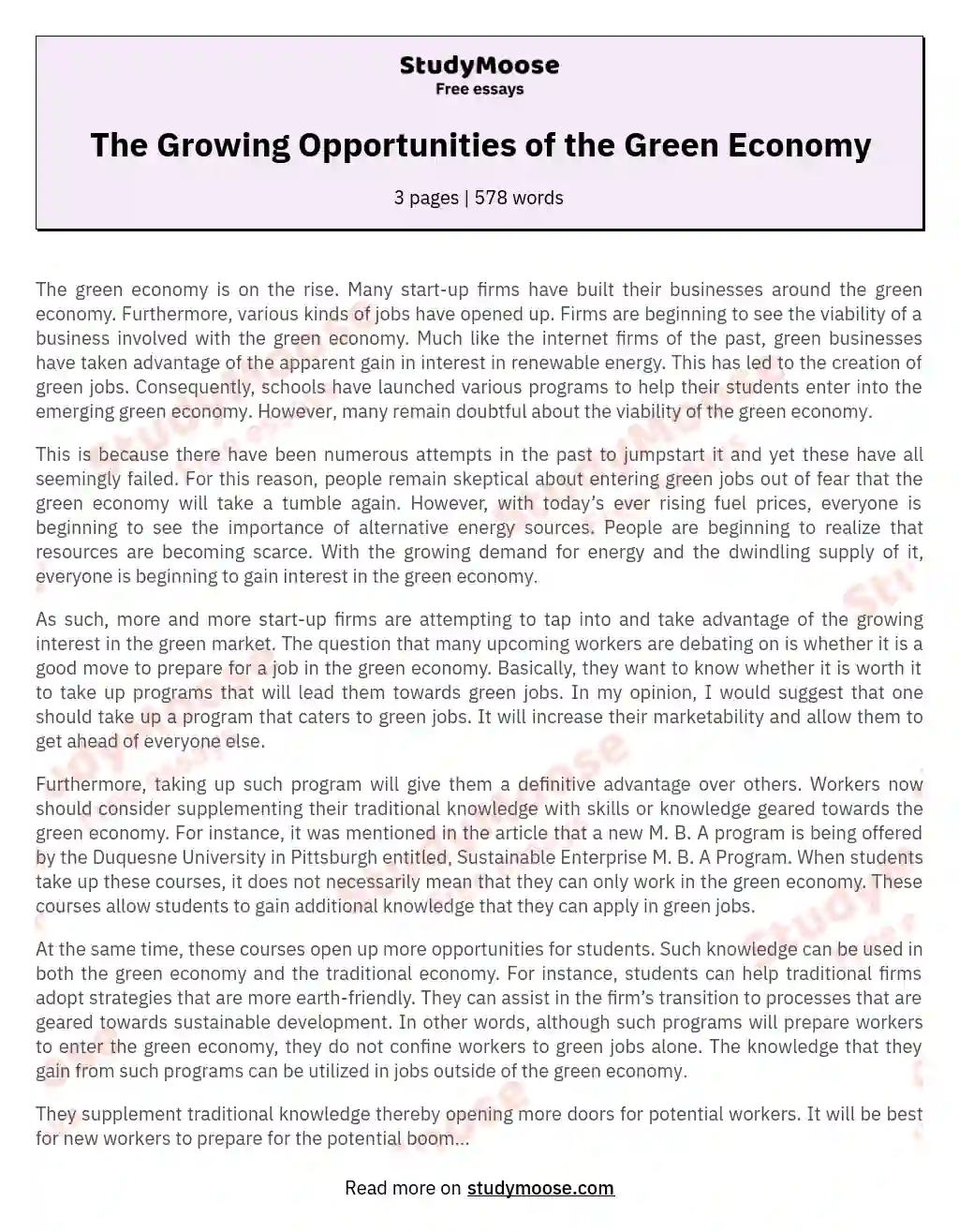 The Growing Opportunities of the Green Economy essay