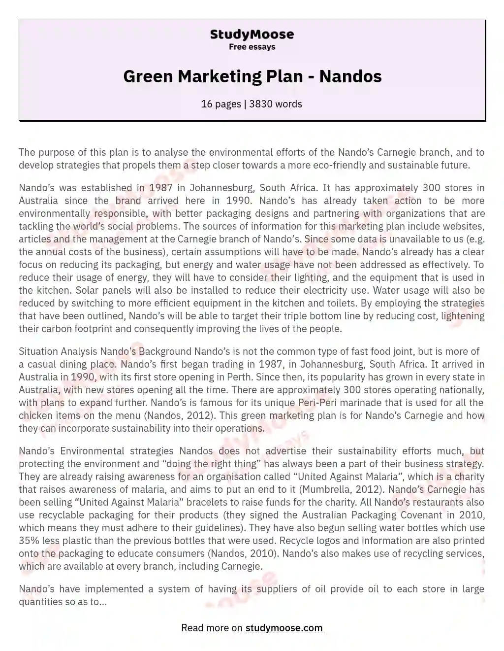 Green Marketing Plan - Nandos essay