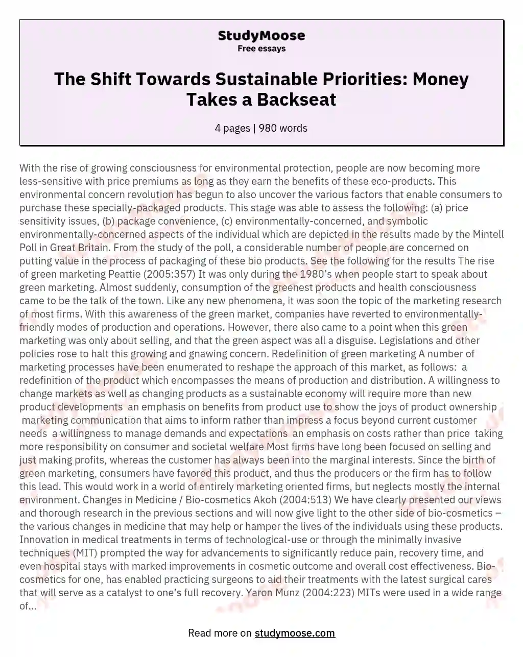The Shift Towards Sustainable Priorities: Money Takes a Backseat essay