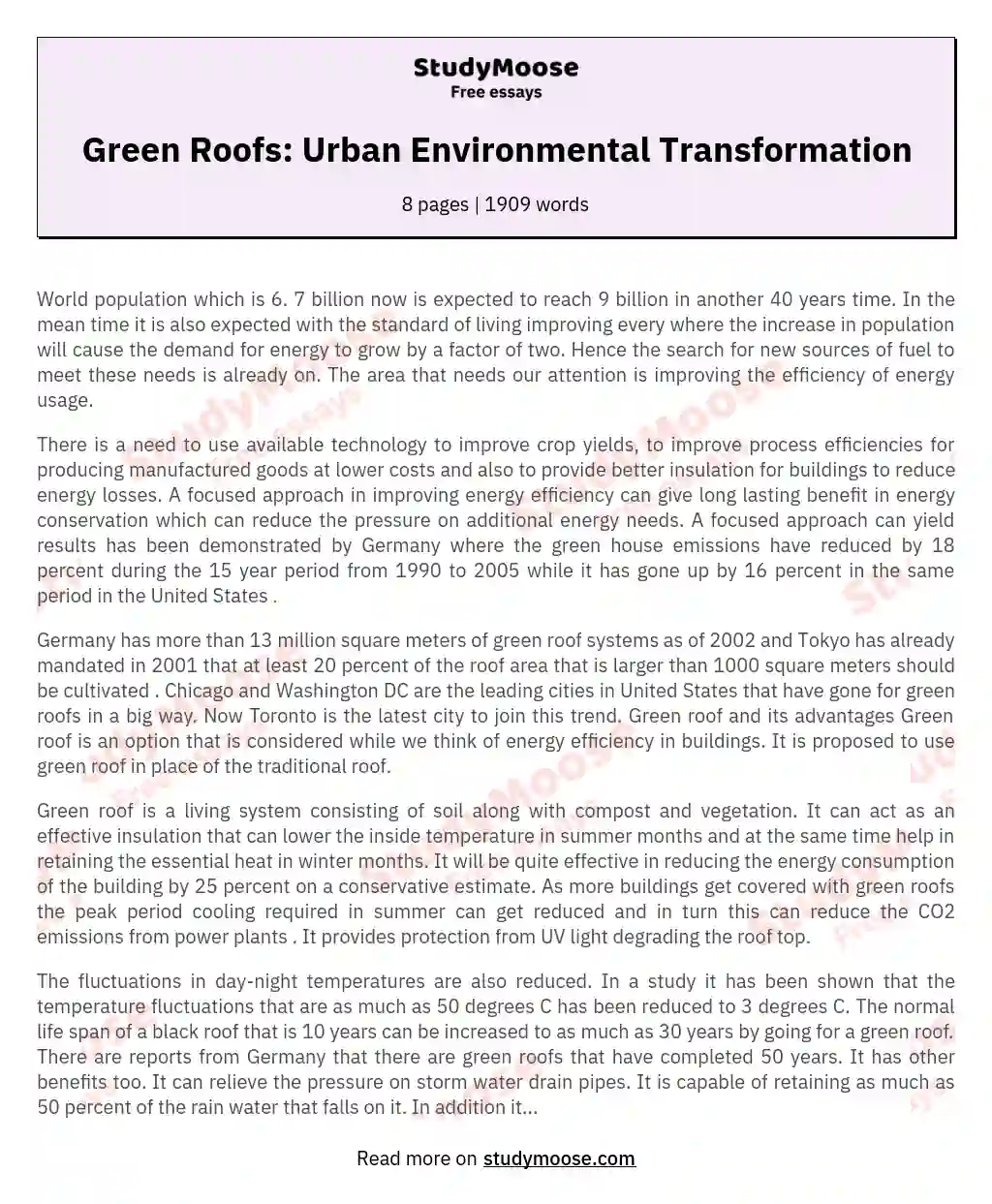 Green Roofs: Urban Environmental Transformation essay
