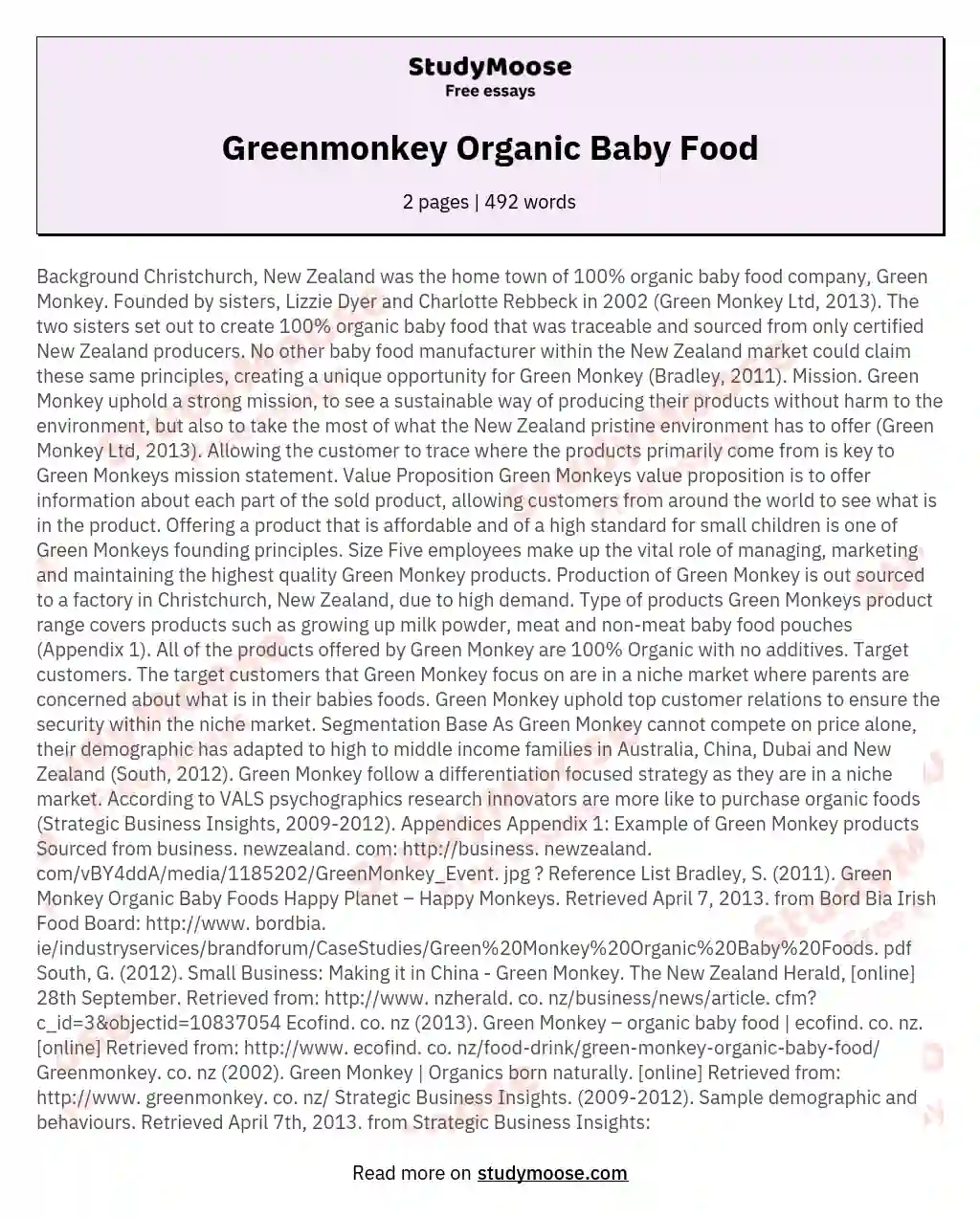Greenmonkey Organic Baby Food essay