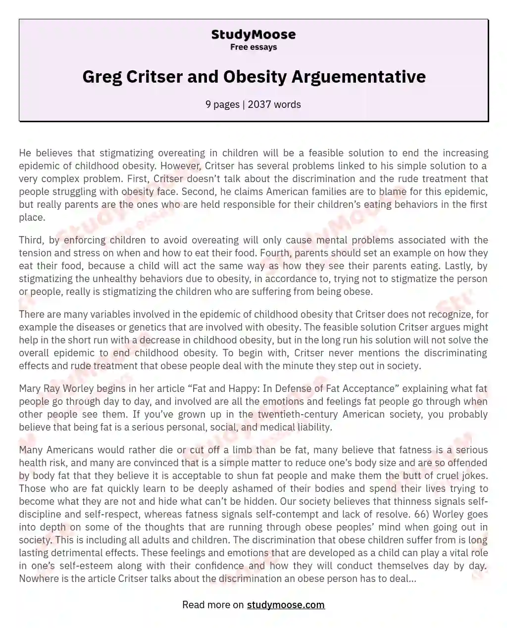 Greg Critser and Obesity Arguementative essay