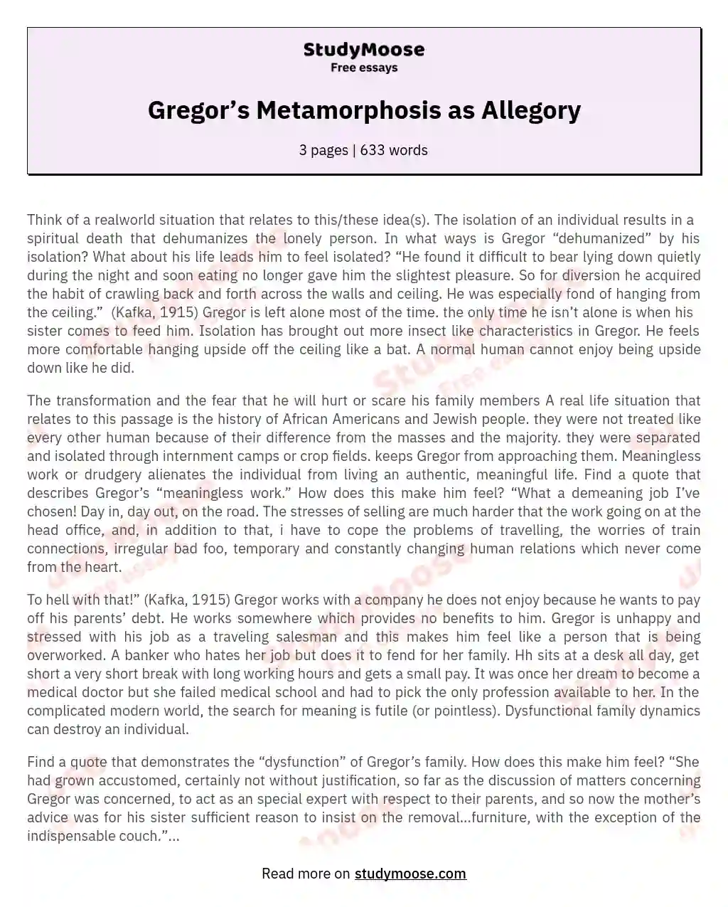 Gregor’s Metamorphosis as Allegory essay