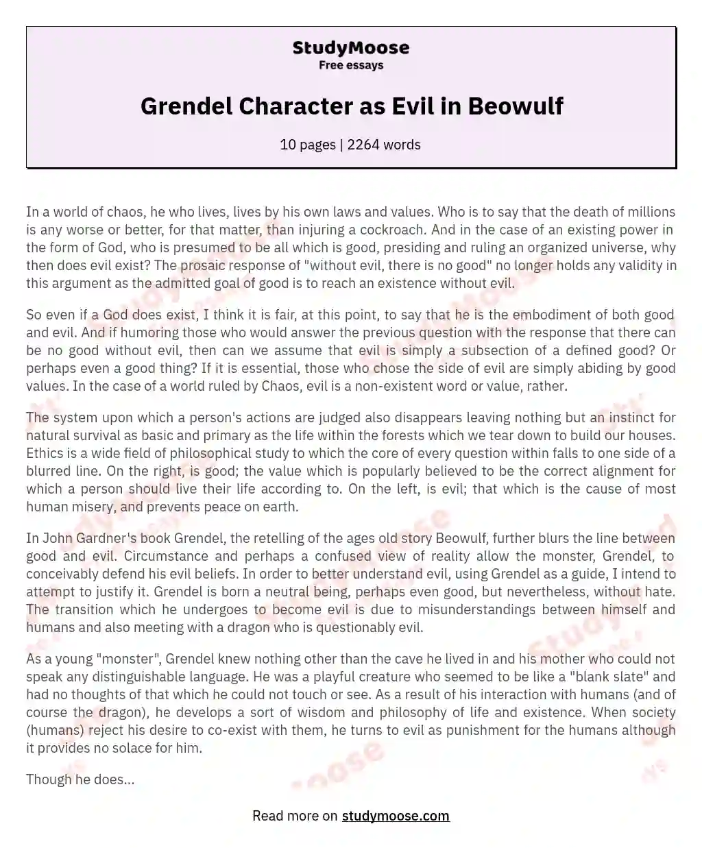 Grendel Character as Evil in Beowulf essay