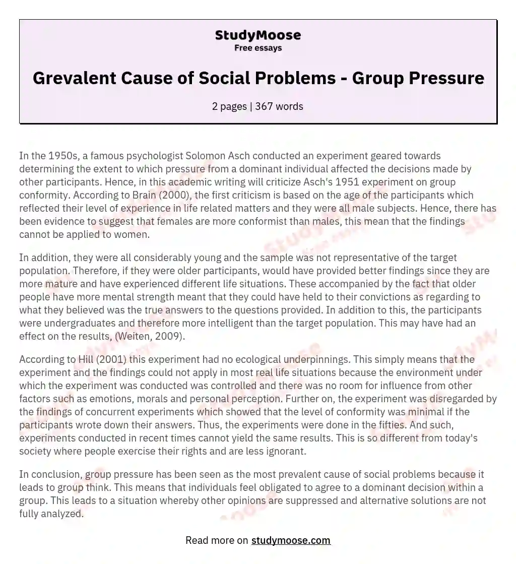 Grevalent Cause of Social Problems - Group Pressure essay