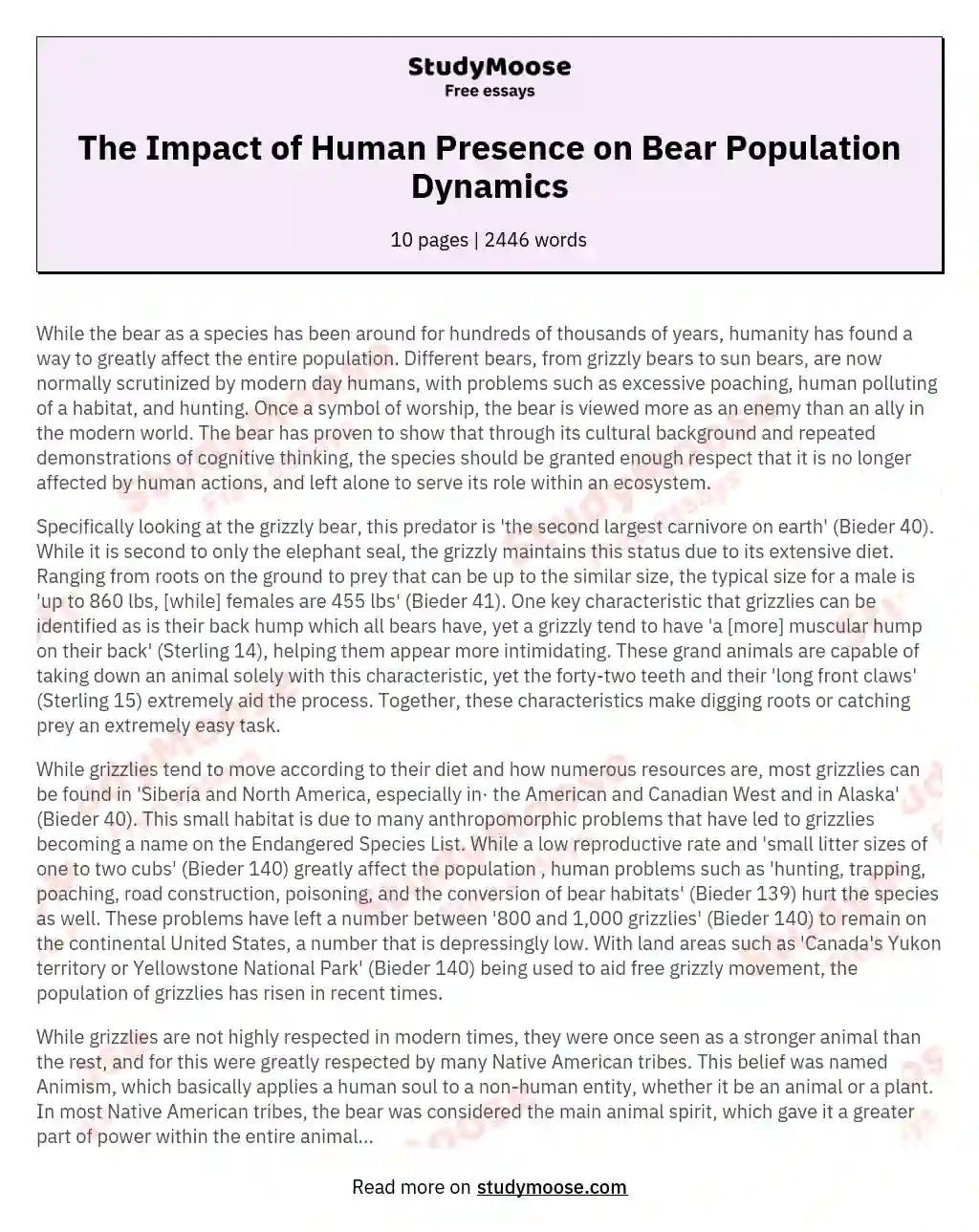 The Impact of Human Presence on Bear Population Dynamics essay