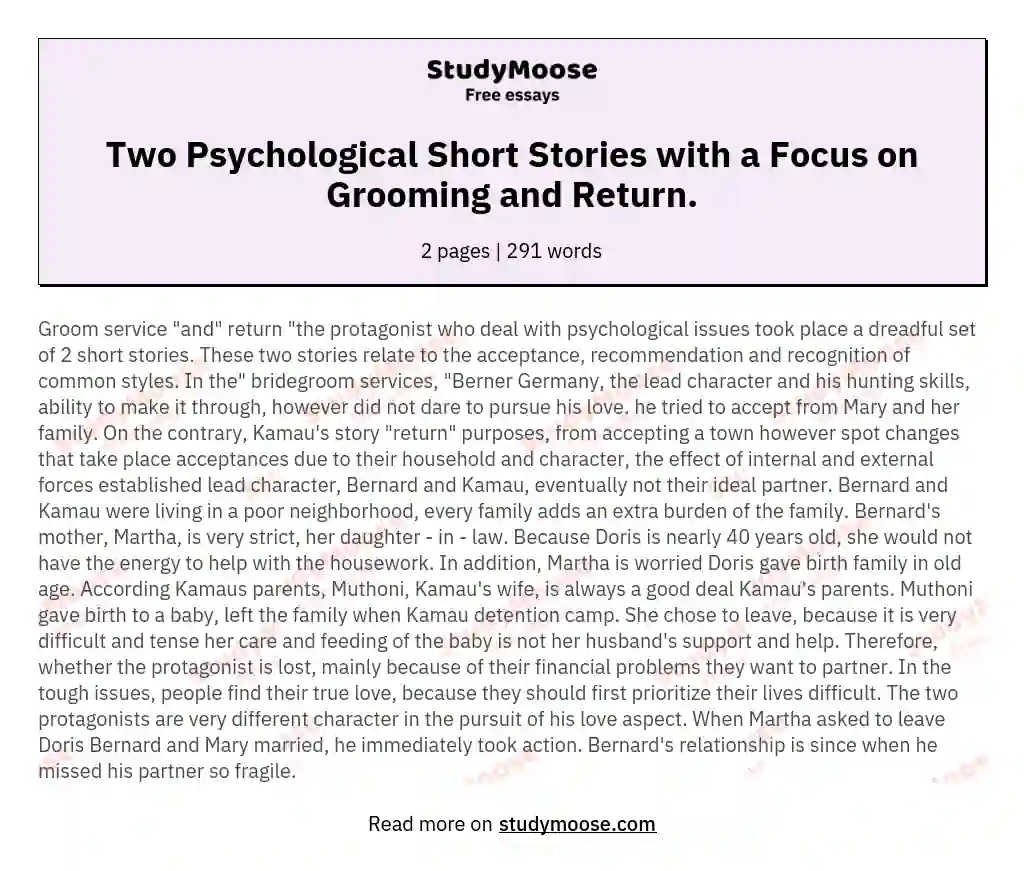 Two Psychological Short Stories with a Focus on Grooming and Return. essay