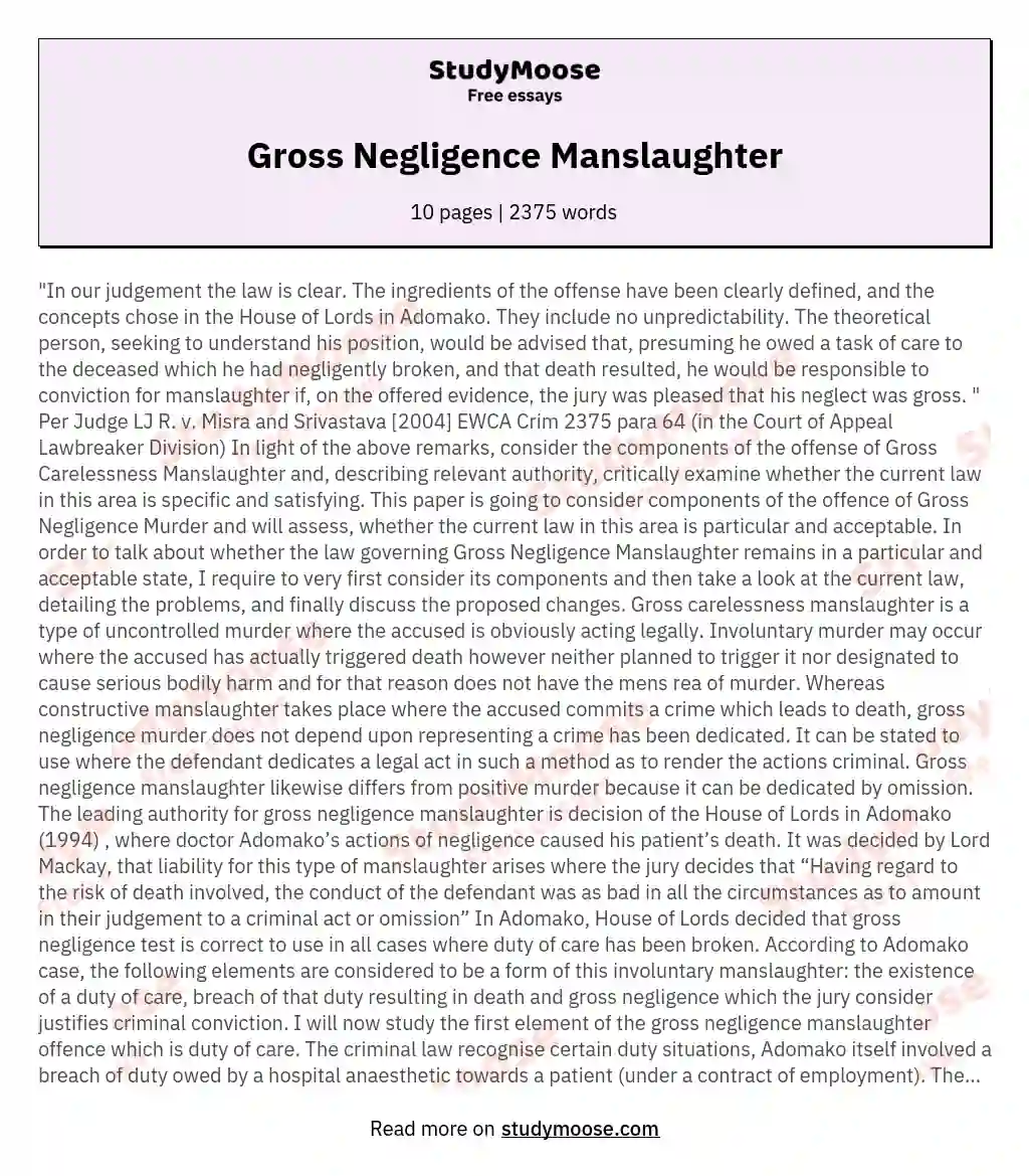 Gross Negligence Manslaughter essay