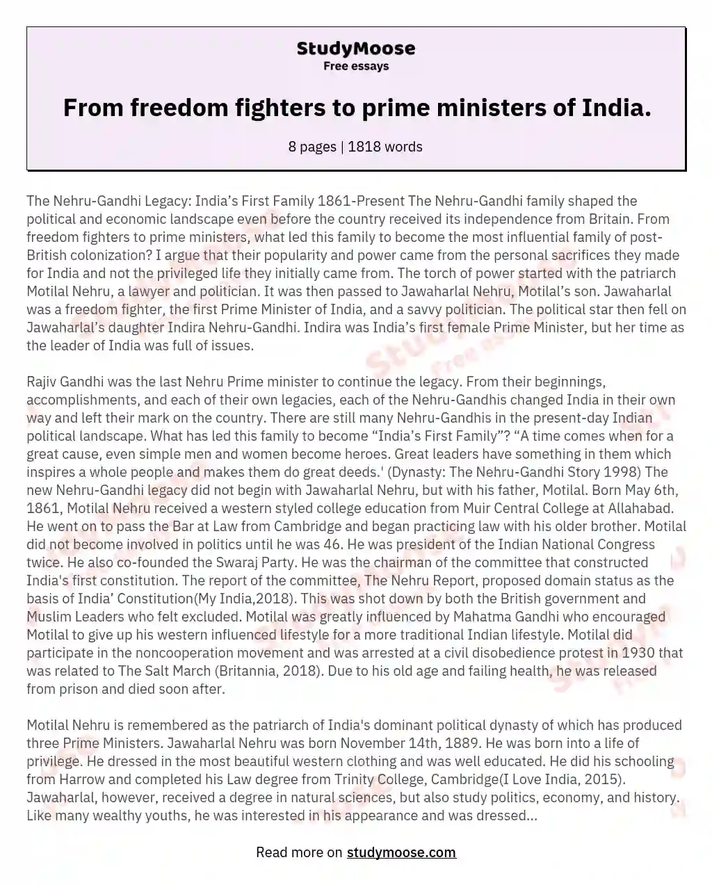 From freedom fighters to prime ministers of India. essay