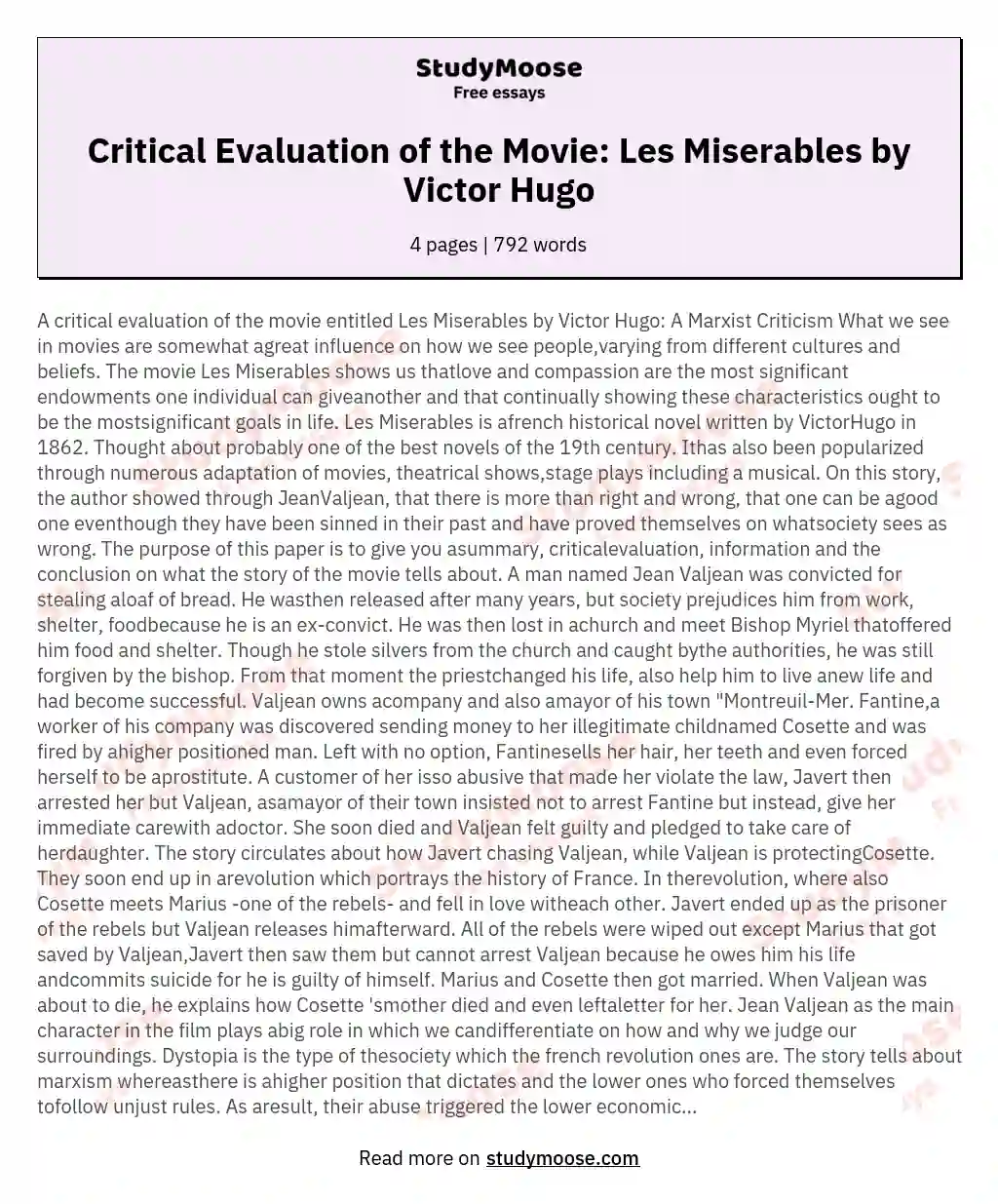 Critical Evaluation of the Movie: Les Miserables by Victor Hugo essay