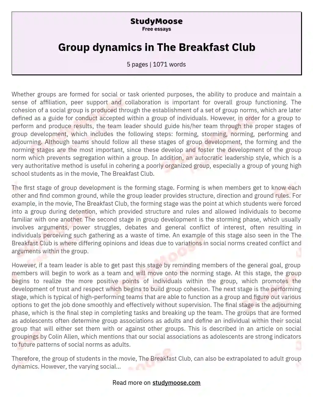 Group dynamics in The Breakfast Club