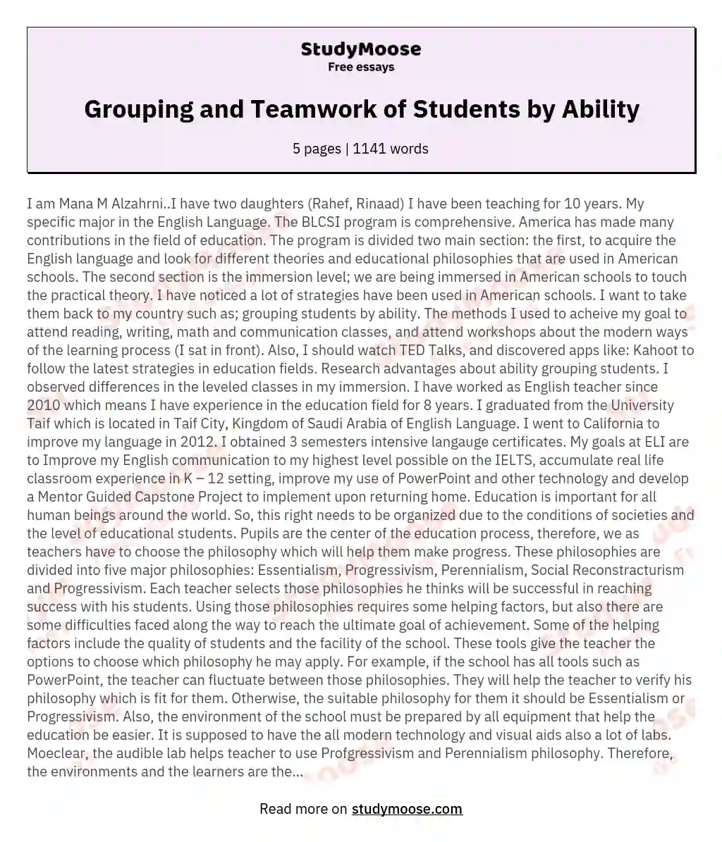 Grouping and Teamwork of Students by Ability essay