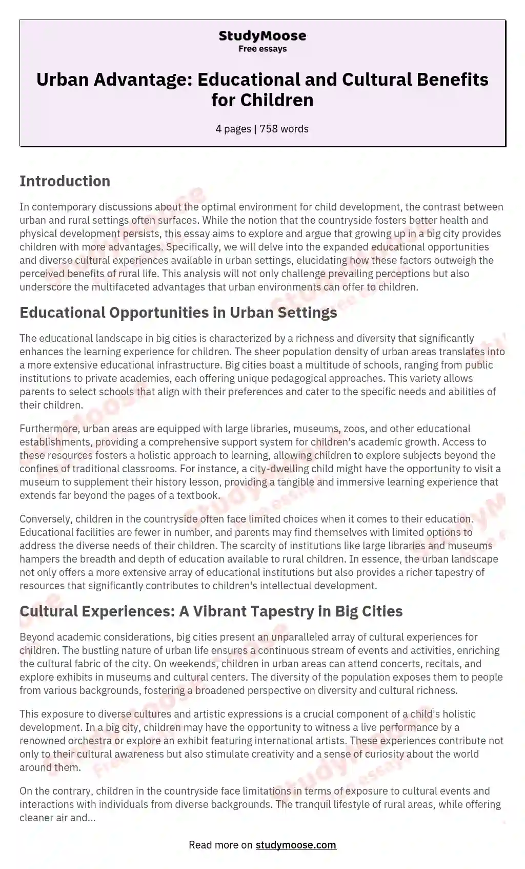 Urban Advantage: Educational and Cultural Benefits for Children essay