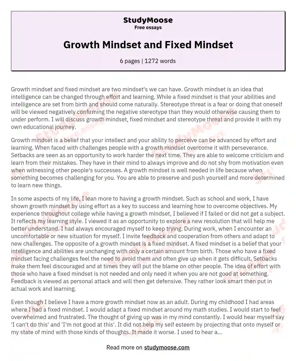 Growth Mindset and Fixed Mindset essay
