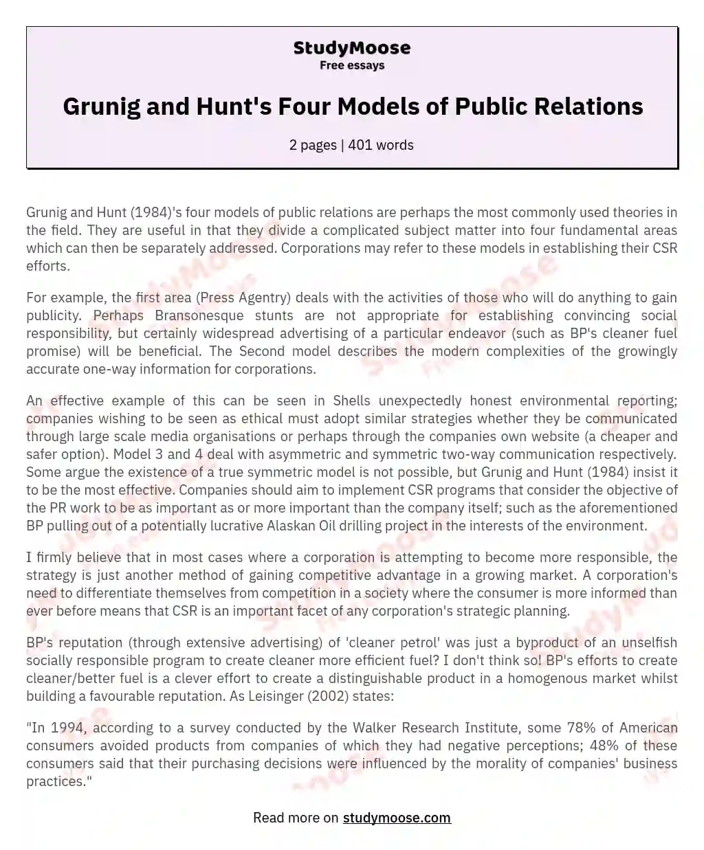 Grunig and Hunt's Four Models of Public Relations essay