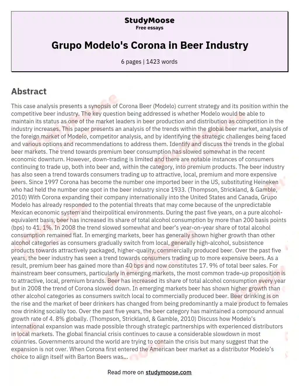 Grupo Modelo's Corona in Beer Industry essay