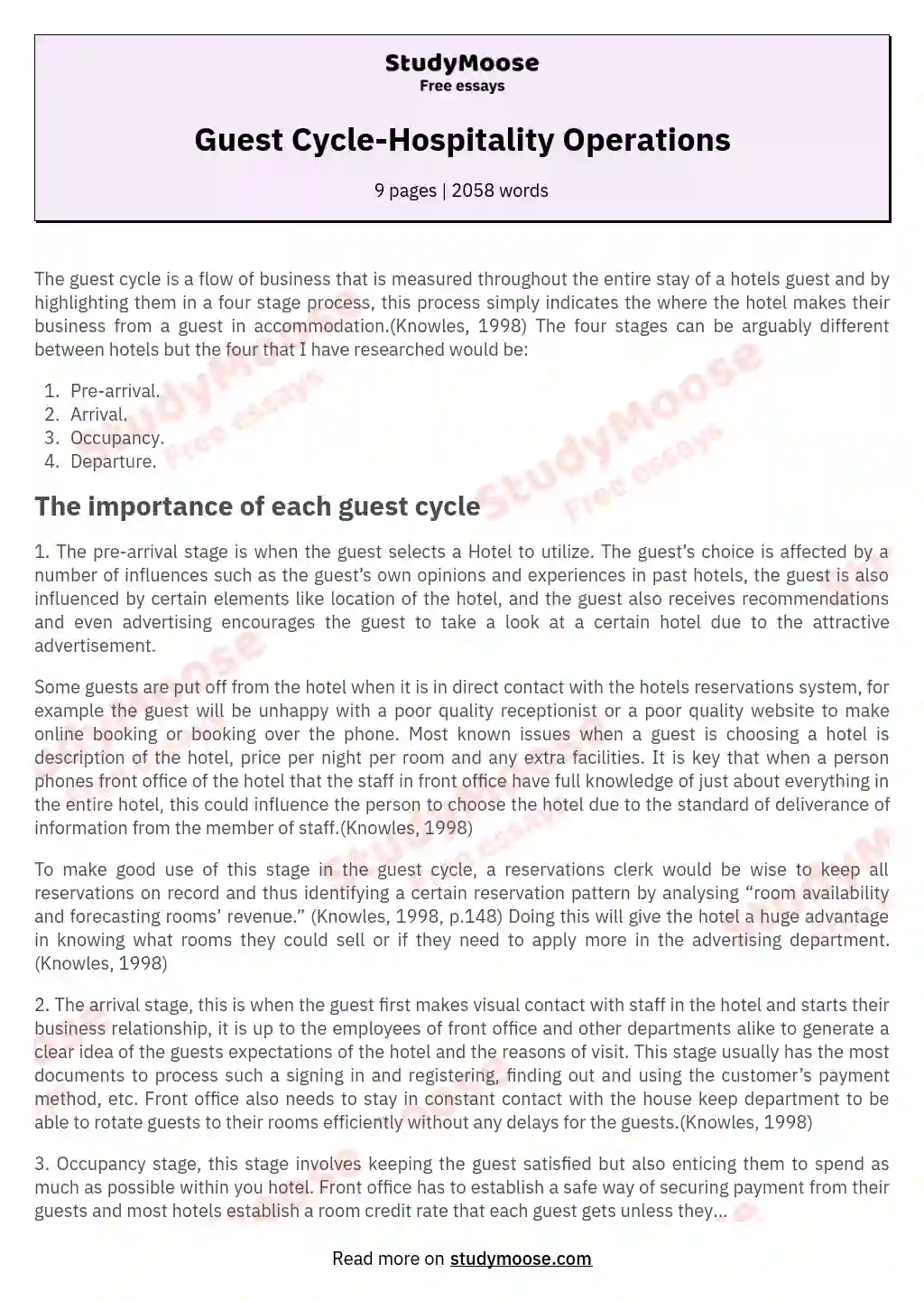 Guest Cycle-Hospitality Operations essay