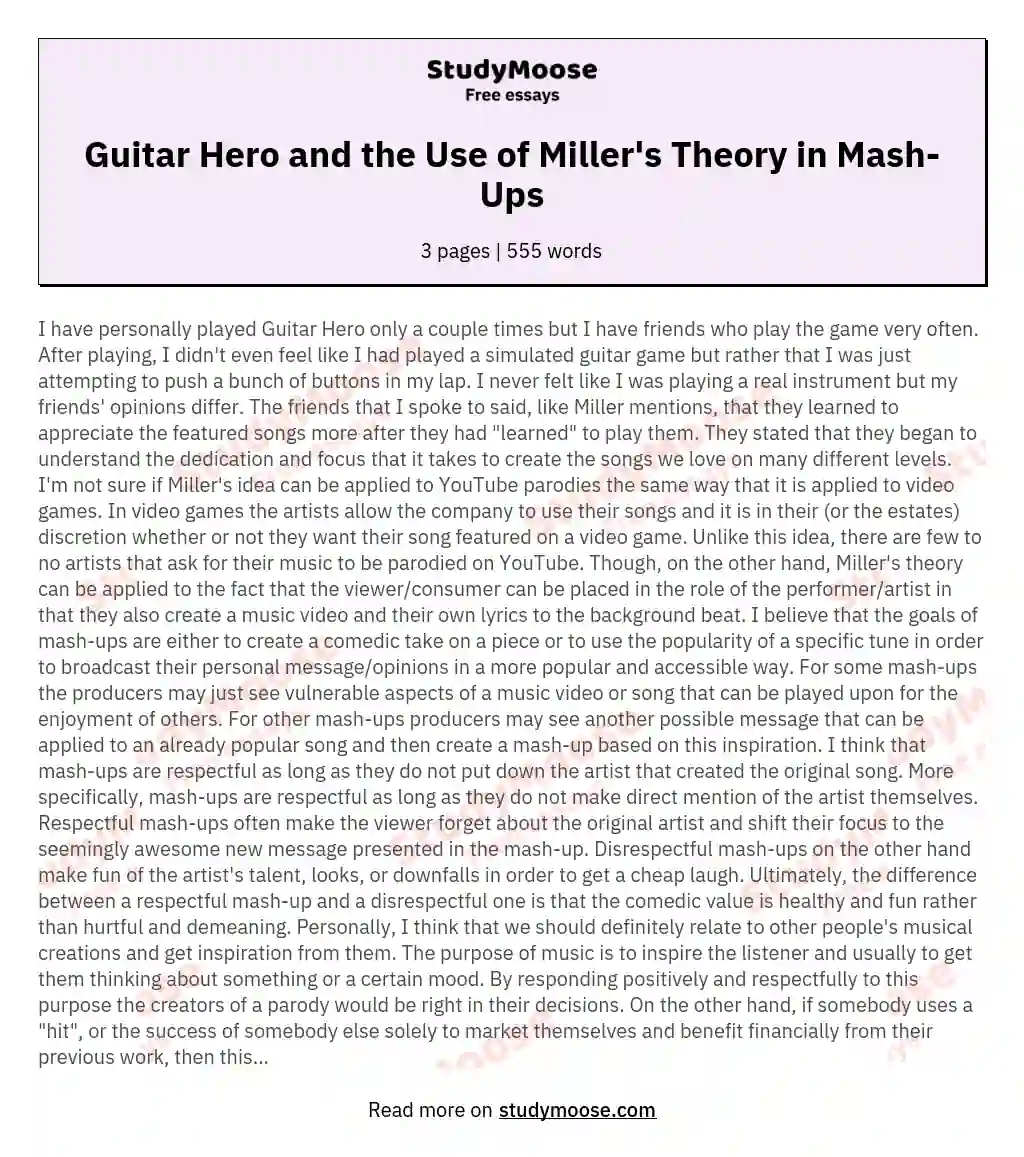 Guitar Hero and the Use of Miller's Theory in Mash-Ups essay