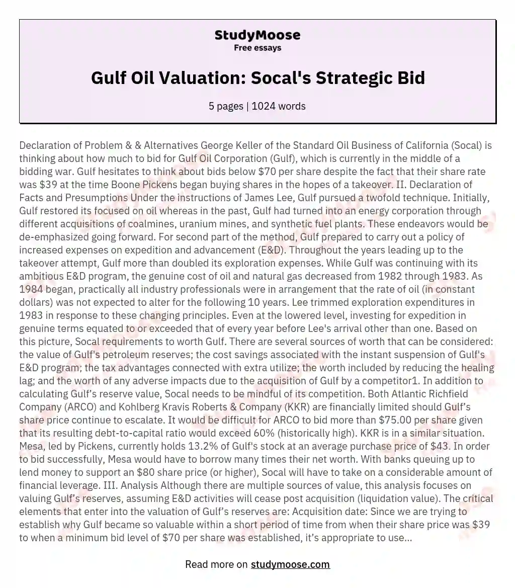 Gulf Oil Valuation: Socal's Strategic Bid essay