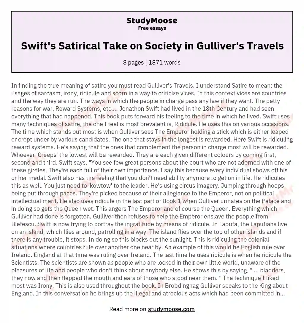 Swift's Satirical Take on Society in Gulliver's Travels essay