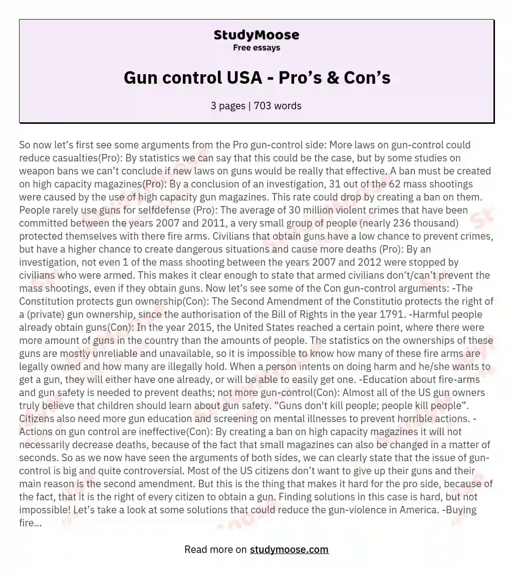 Gun control USA - Pro’s & Con’s essay