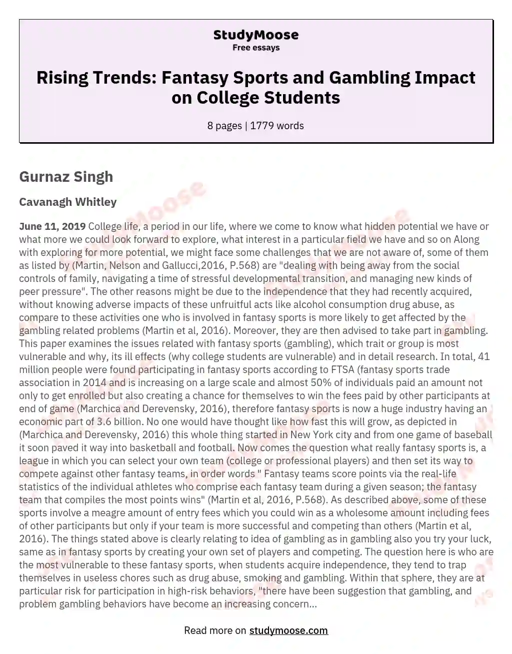 Rising Trends: Fantasy Sports and Gambling Impact on College Students essay