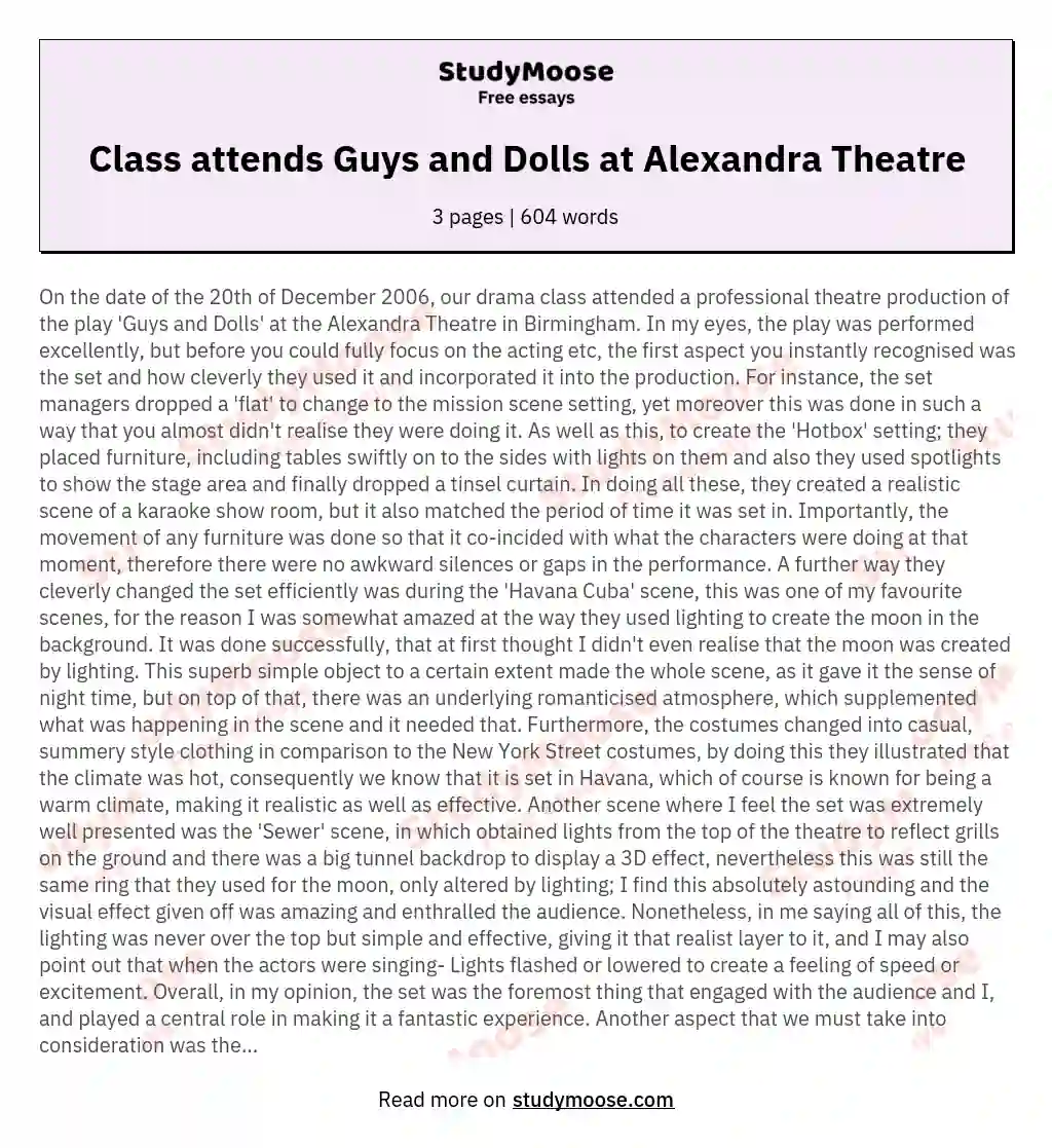Class attends Guys and Dolls at Alexandra Theatre essay