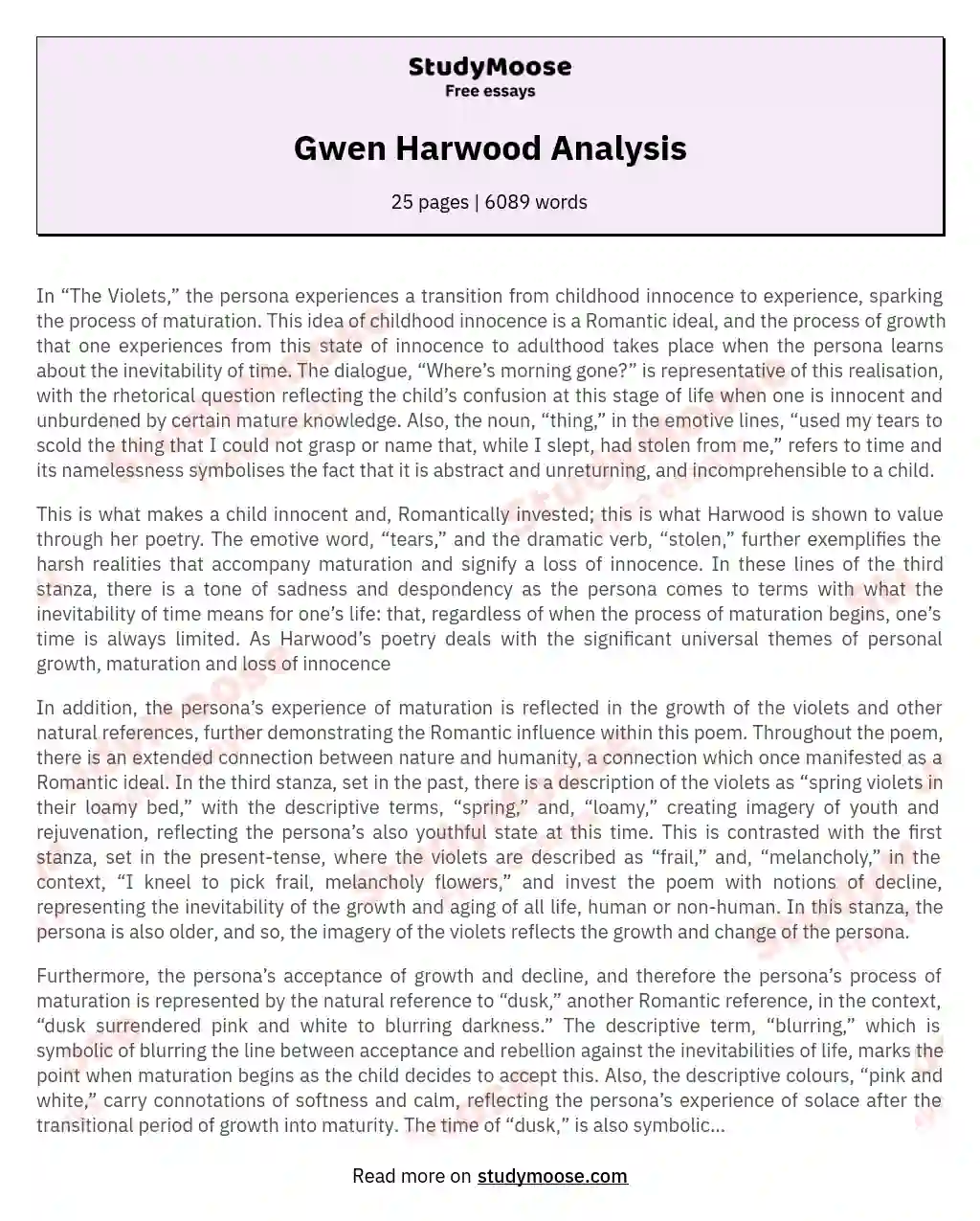 Gwen Harwood Analysis essay