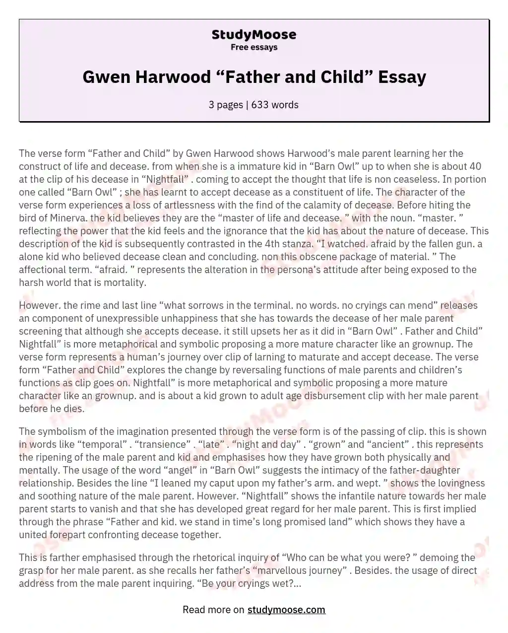 Gwen Harwood “Father and Child” Essay essay