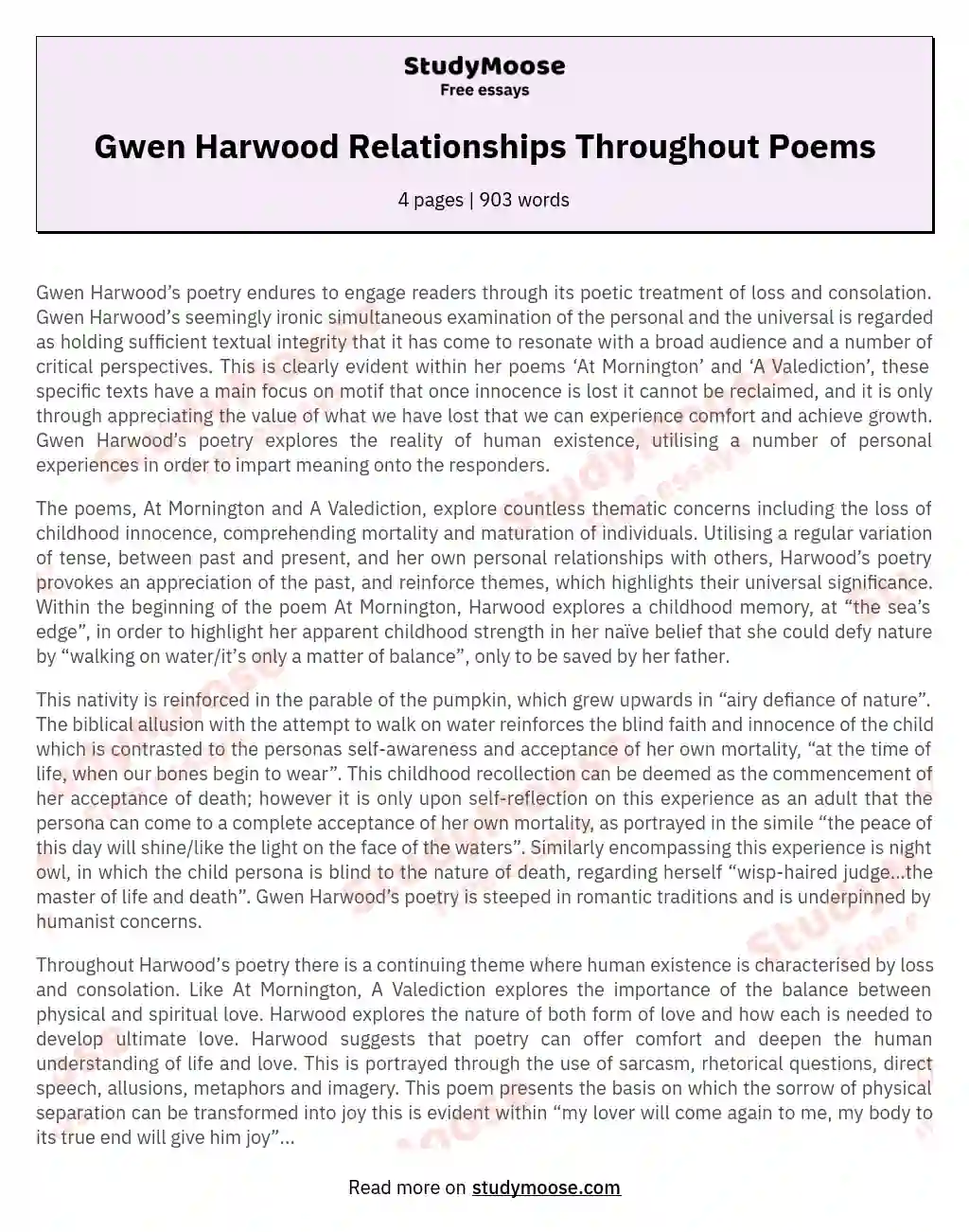 Gwen Harwood Relationships Throughout Poems essay