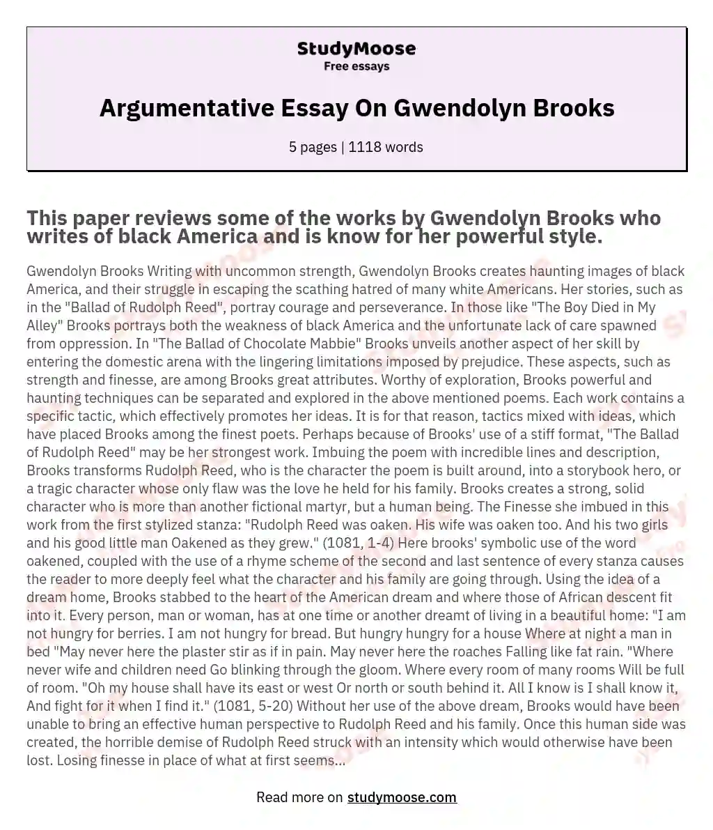 Argumentative Essay On Gwendolyn Brooks essay