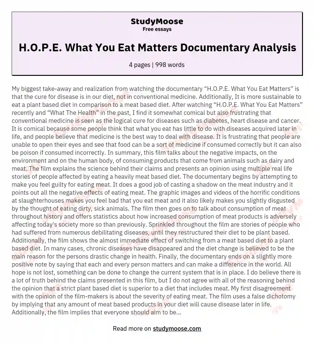 H.O.P.E. What You Eat Matters Documentary Analysis essay