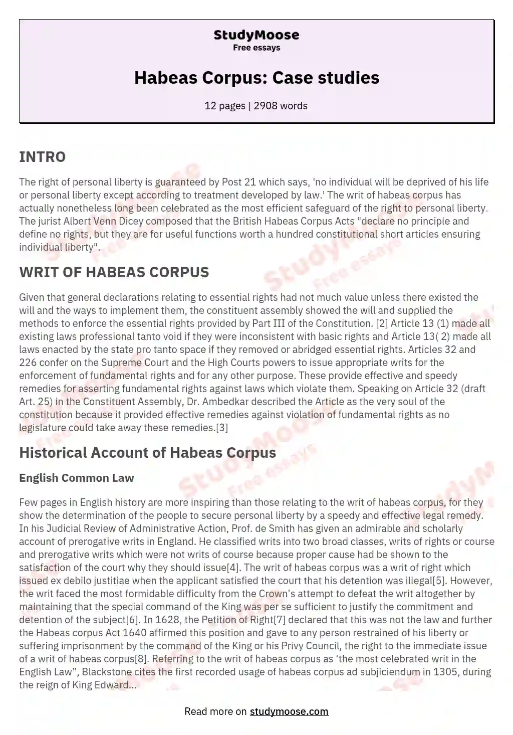 Habeas Corpus: Case studies essay