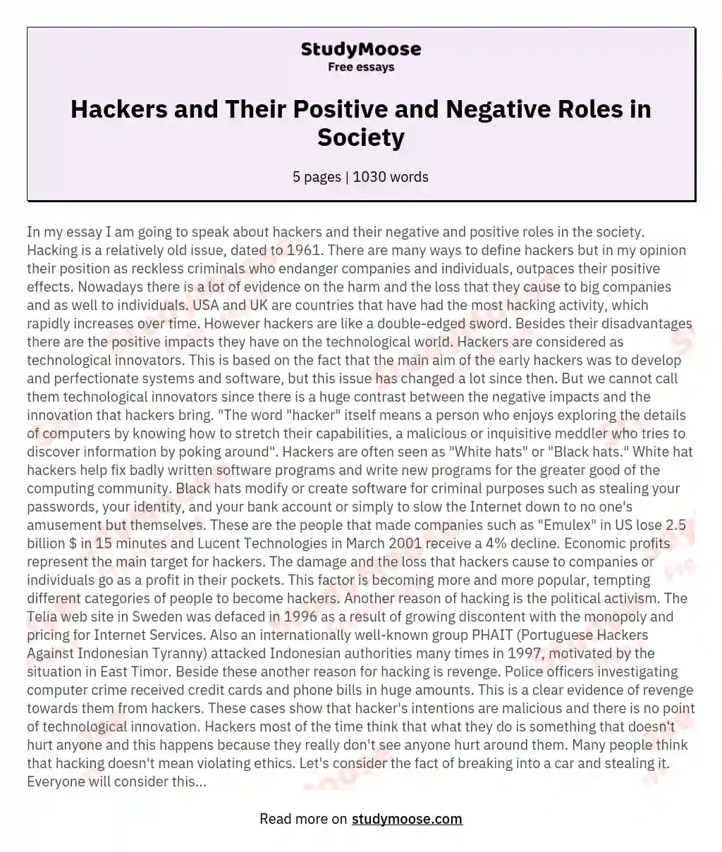 Hackers and Their Positive and Negative Roles in Society essay