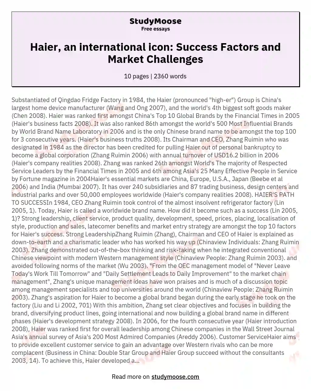 Haier, an international icon: Success Factors and Market Challenges essay