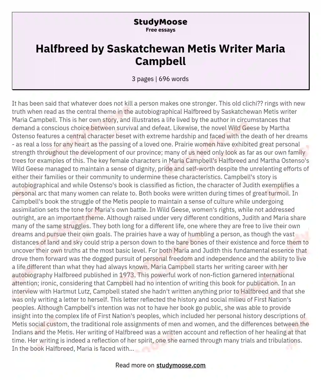 Halfbreed by Saskatchewan Metis Writer Maria Campbell essay