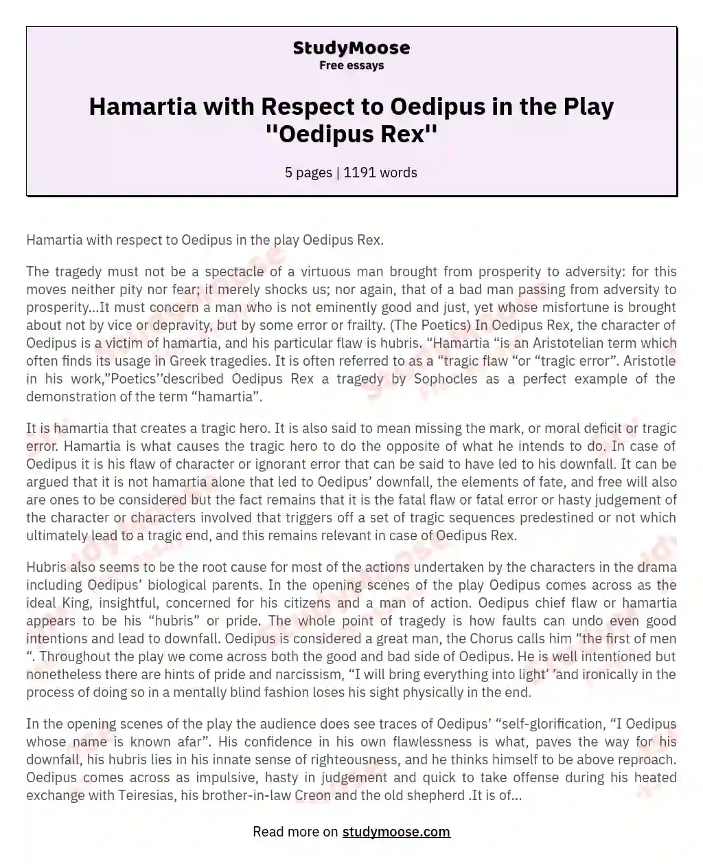 Hamartia with Respect to Oedipus in the Play ''Oedipus Rex'' essay