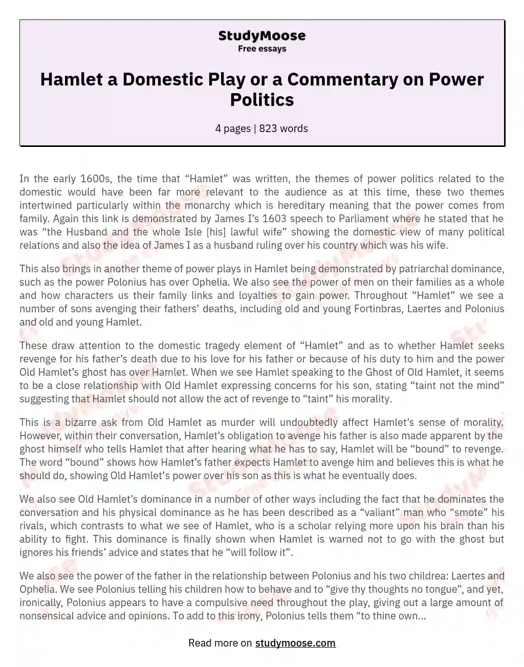 Hamlet a Domestic Play or a Commentary on Power Politics essay