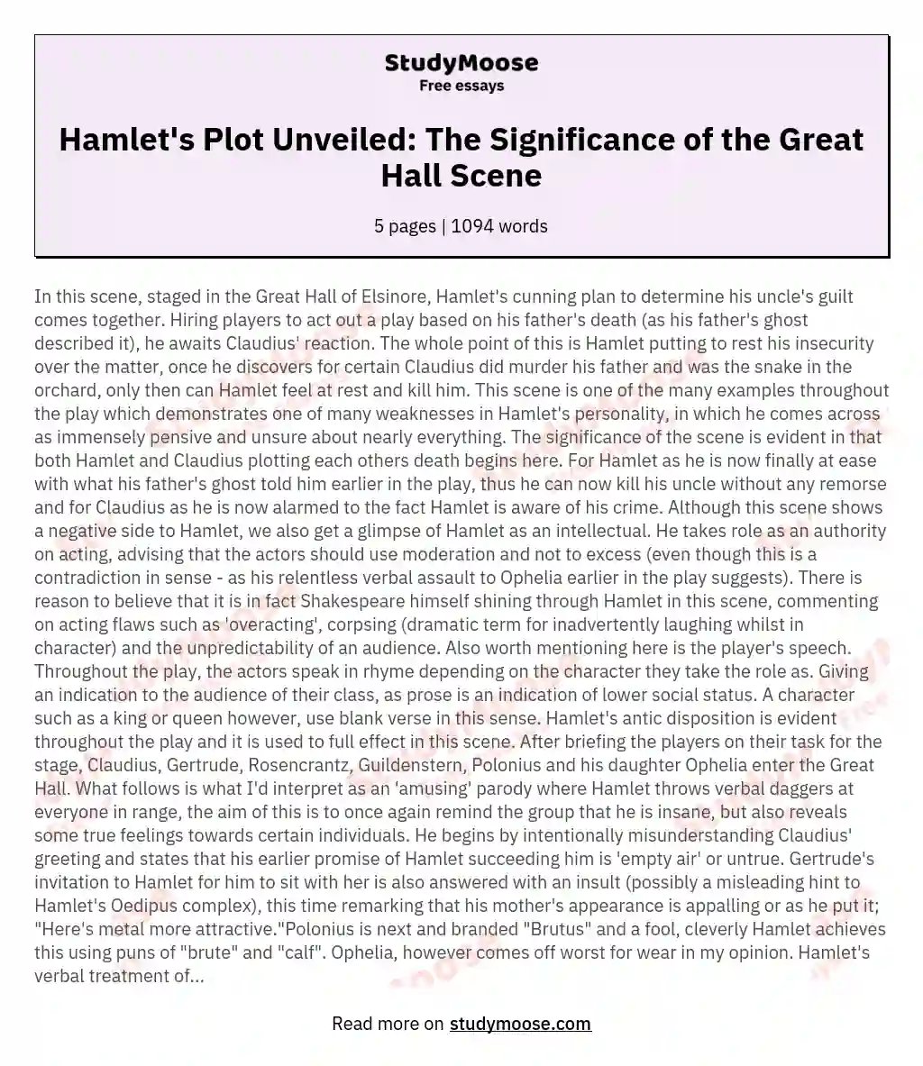 Hamlet's Plot Unveiled: The Significance of the Great Hall Scene essay