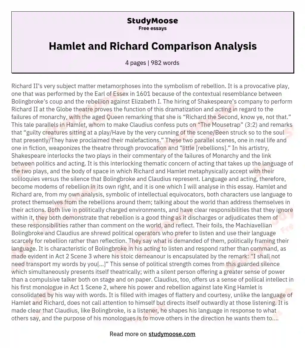 Hamlet and Richard Comparison Analysis essay
