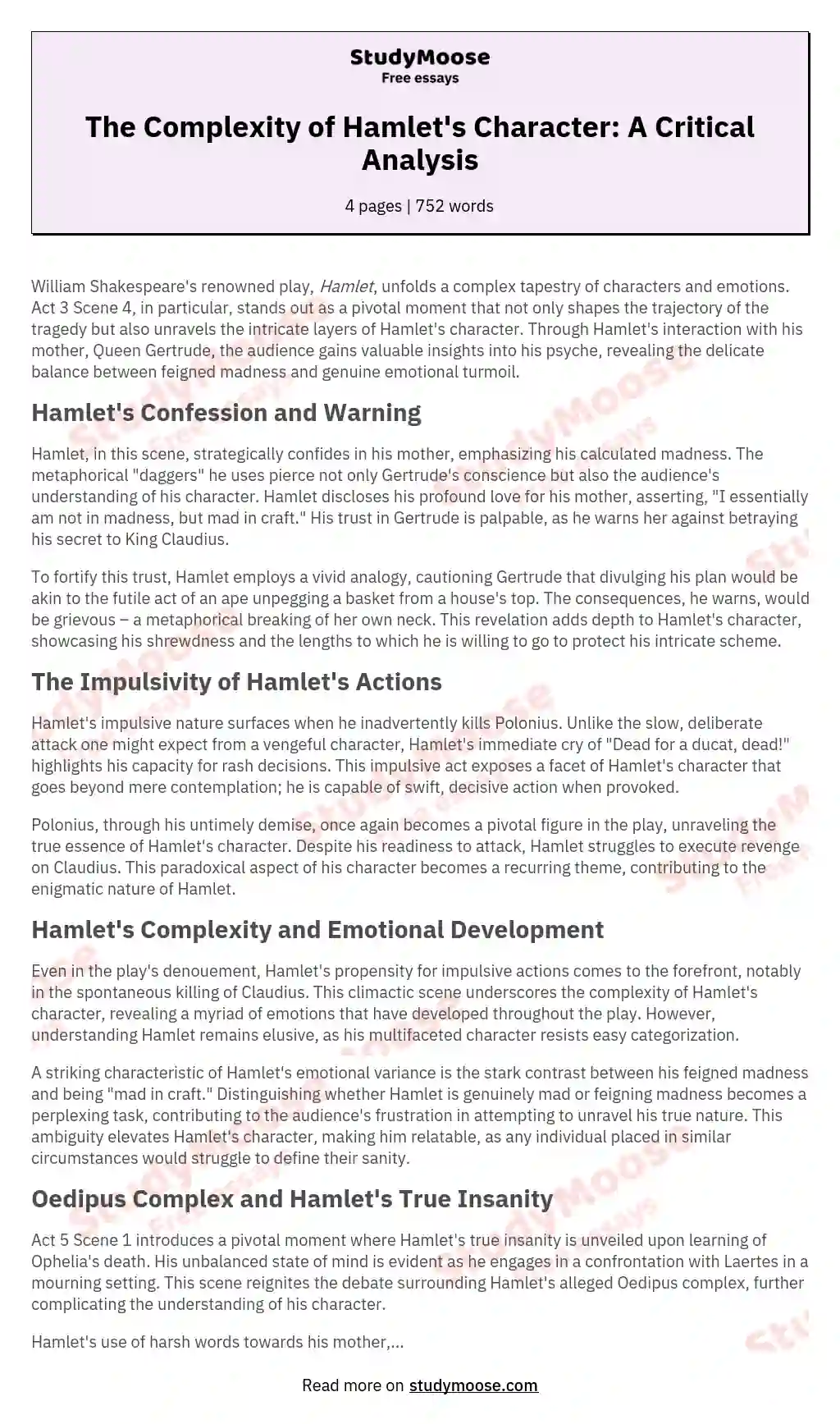 The Complexity of Hamlet's Character: A Critical Analysis essay